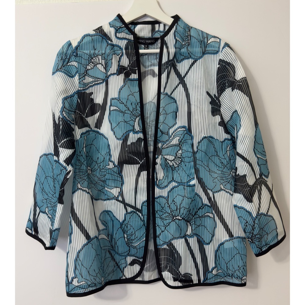 Ming Wang Floral Accordion Pleat Jacket Women S Blue Black White Sophisticated